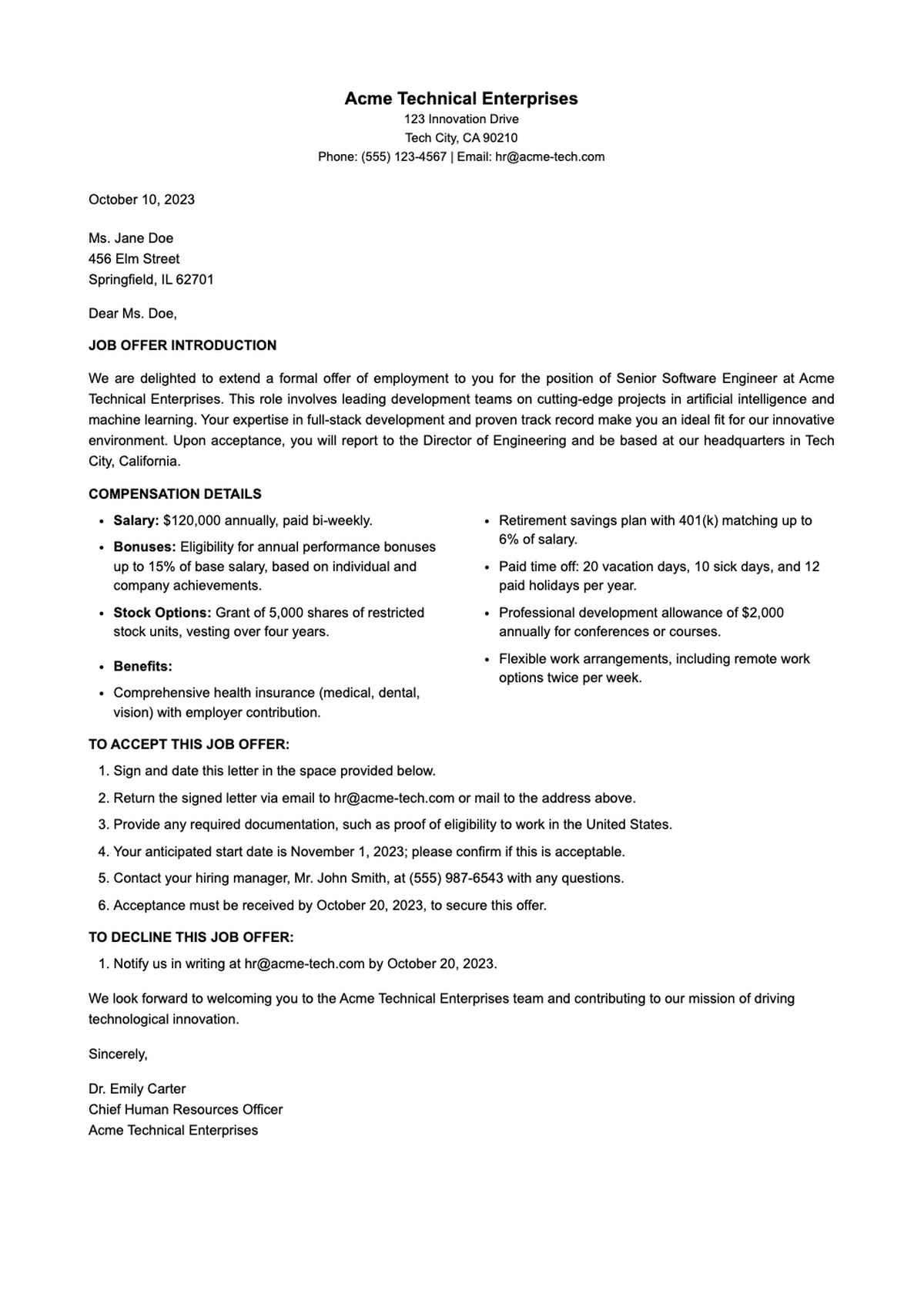 Formal job offer letter from Acme Technical Enterprises with salary benefits and acceptance_variant_2